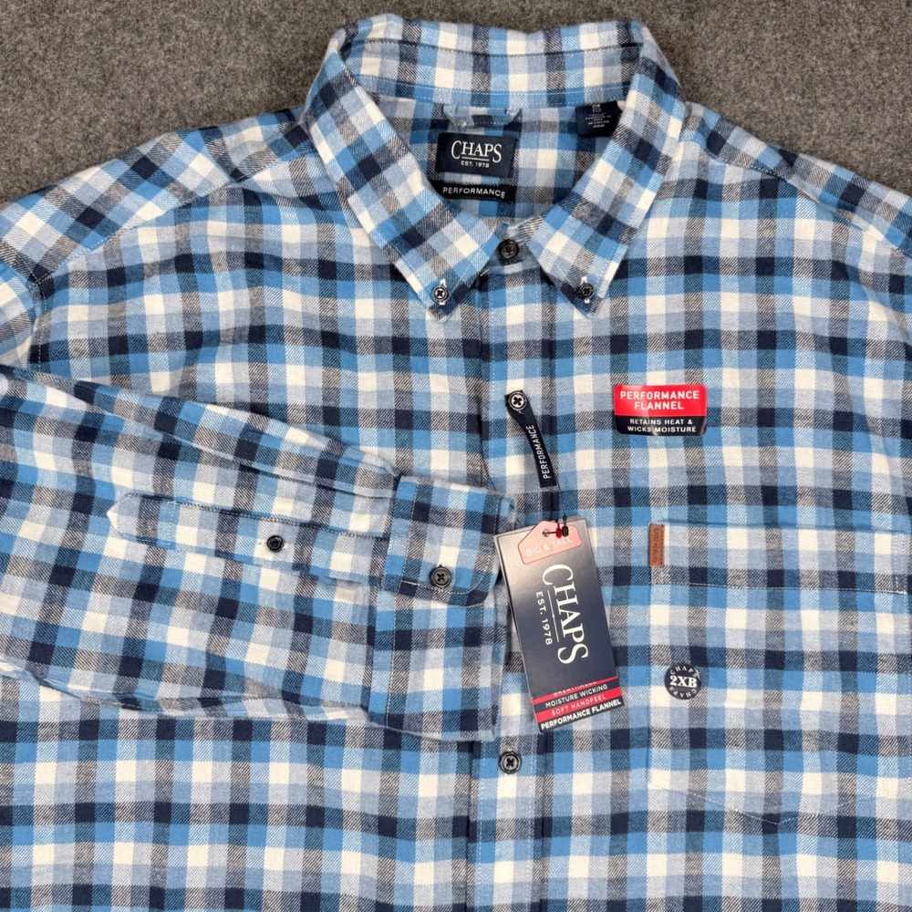Chaps Performance Flannel Shirt Mens 2XB Blue Multi Plaid Long Sleeve New NWT